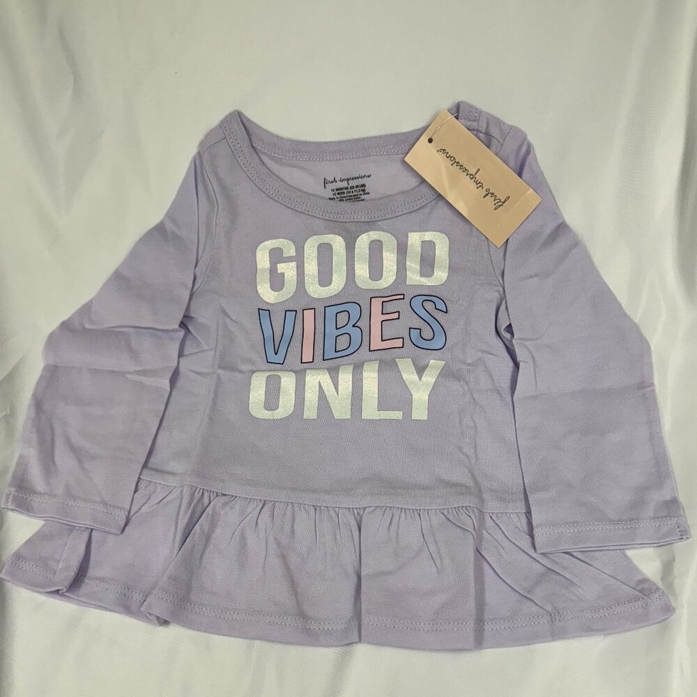 First Impressions Good Vibes Peplum Long-sleeve T-Shirt, Lavendar, 6-9 mos, NWT